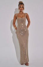 Women's Bodycon Maxi Dress Wide Straps Scoop Back Sequin Detail