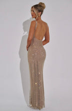 Women's Square Neck Sequin Maxi Dress with Open Back Design