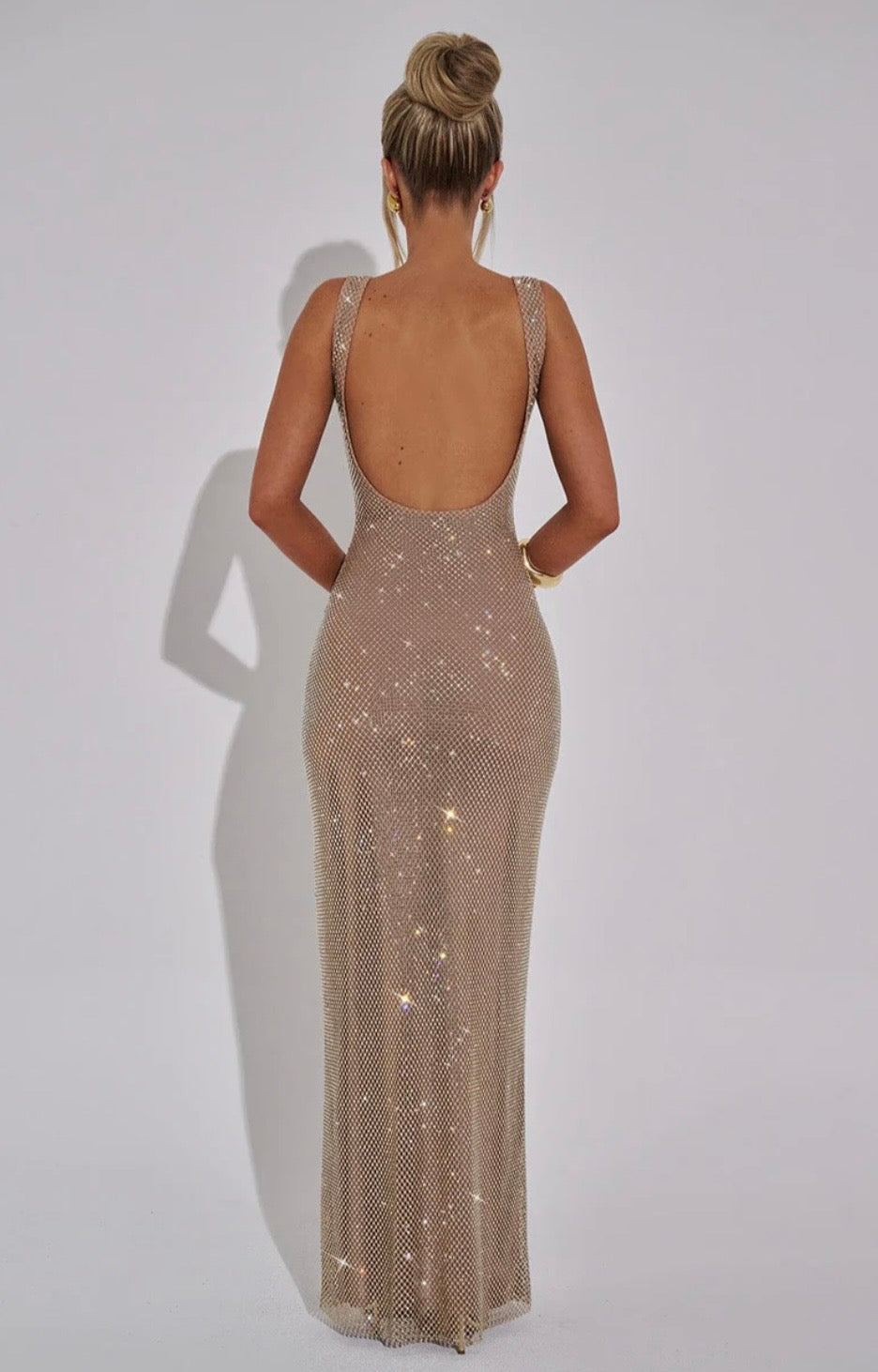 Women's Square Neck Sequin Maxi Dress with Open Back Design