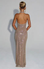 Women's Fitted Maxi Dress with Halter Neck and Open Back