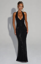 Women's Fitted Maxi Dress with Halter Neck and Open Back