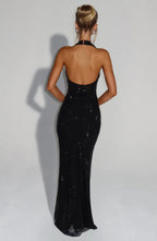 Women's Fitted Maxi Dress with Halter Neck and Open Back