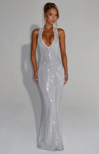 Women's Fitted Maxi Dress with Halter Neck and Open Back
