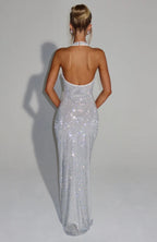 Women's Fitted Maxi Dress with Halter Neck and Open Back
