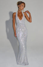 Women's Fitted Maxi Dress with Halter Neck and Open Back
