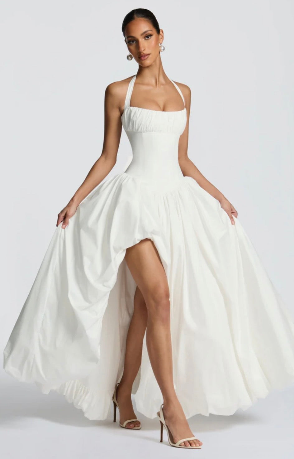Women's Gathered Halter Maxi Dress with Flowing High Low Hem