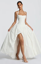 Women's Gathered Halter Maxi Dress with Flowing High Low Hem