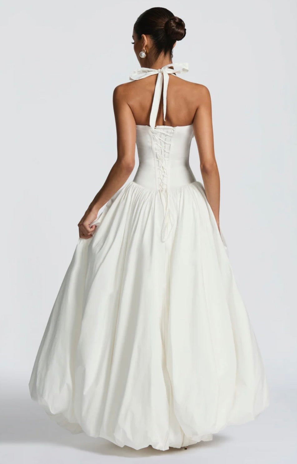 Women's Gathered Halter Maxi Dress with Flowing High Low Hem