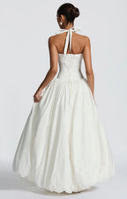 Women's Gathered Halter Maxi Dress with Flowing High Low Hem