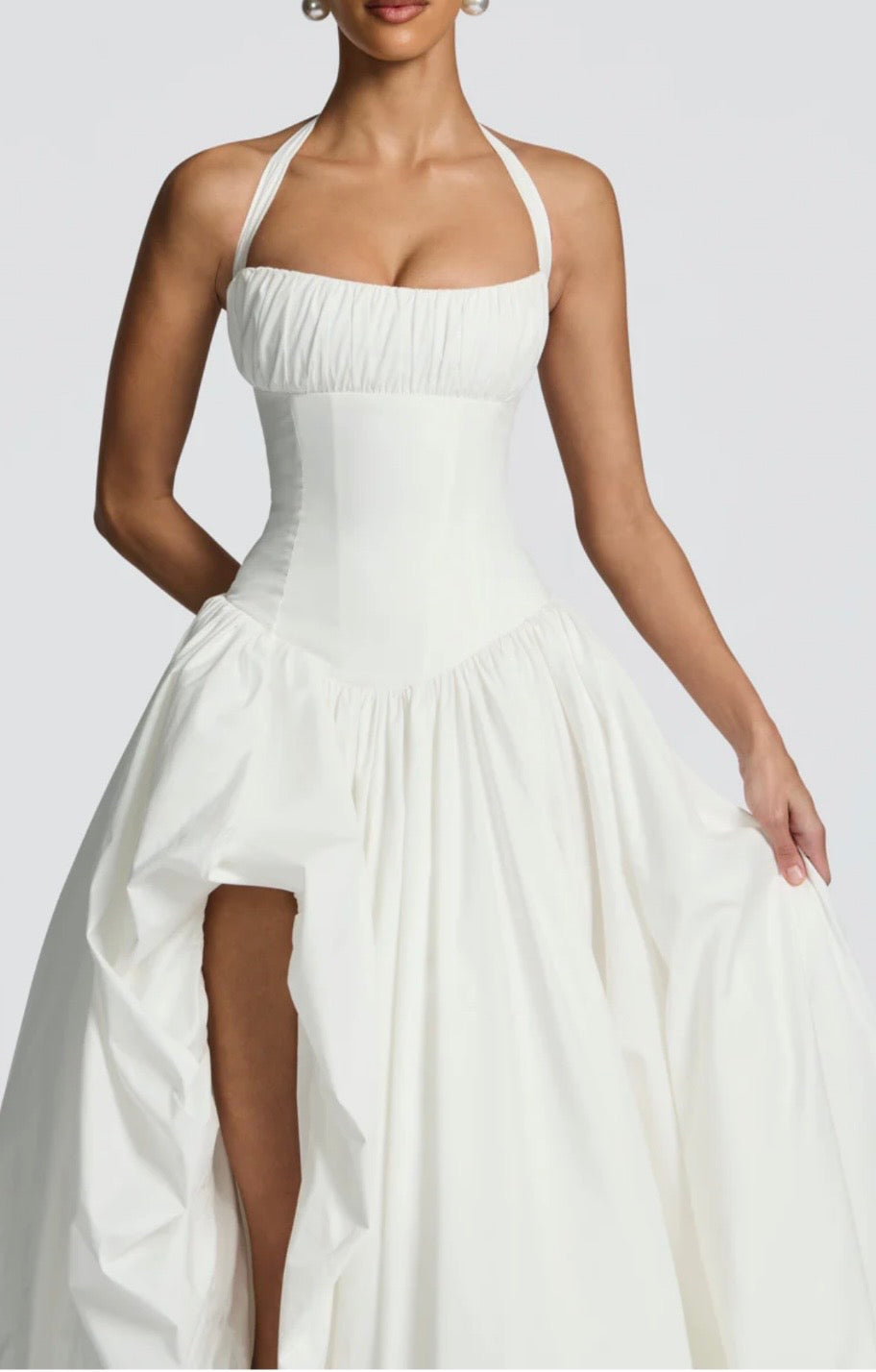 Women's Gathered Halter Maxi Dress with Flowing High Low Hem