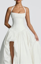 Women's Gathered Halter Maxi Dress with Flowing High Low Hem