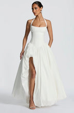 Women's Gathered Halter Maxi Dress with Flowing High Low Hem