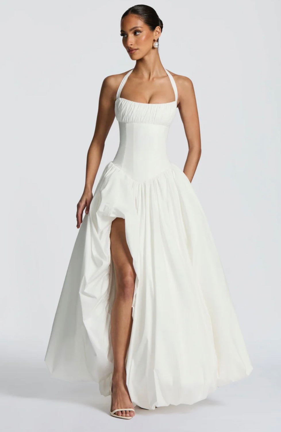 Women's Gathered Halter Maxi Dress with Flowing High Low Hem