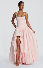 Women's Gathered Halter Maxi Dress with Flowing High Low Hem