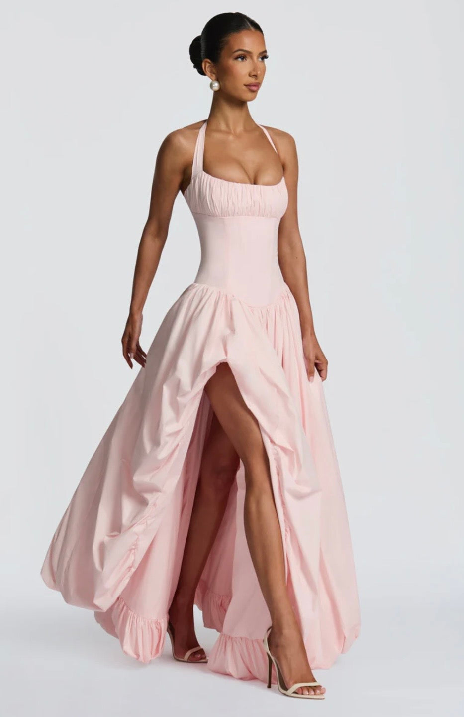 Women's Gathered Halter Maxi Dress with Flowing High Low Hem