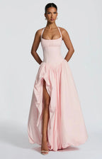 Women's Gathered Halter Maxi Dress with Flowing High Low Hem