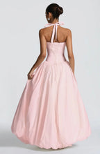 Women's Gathered Halter Maxi Dress with Flowing High Low Hem
