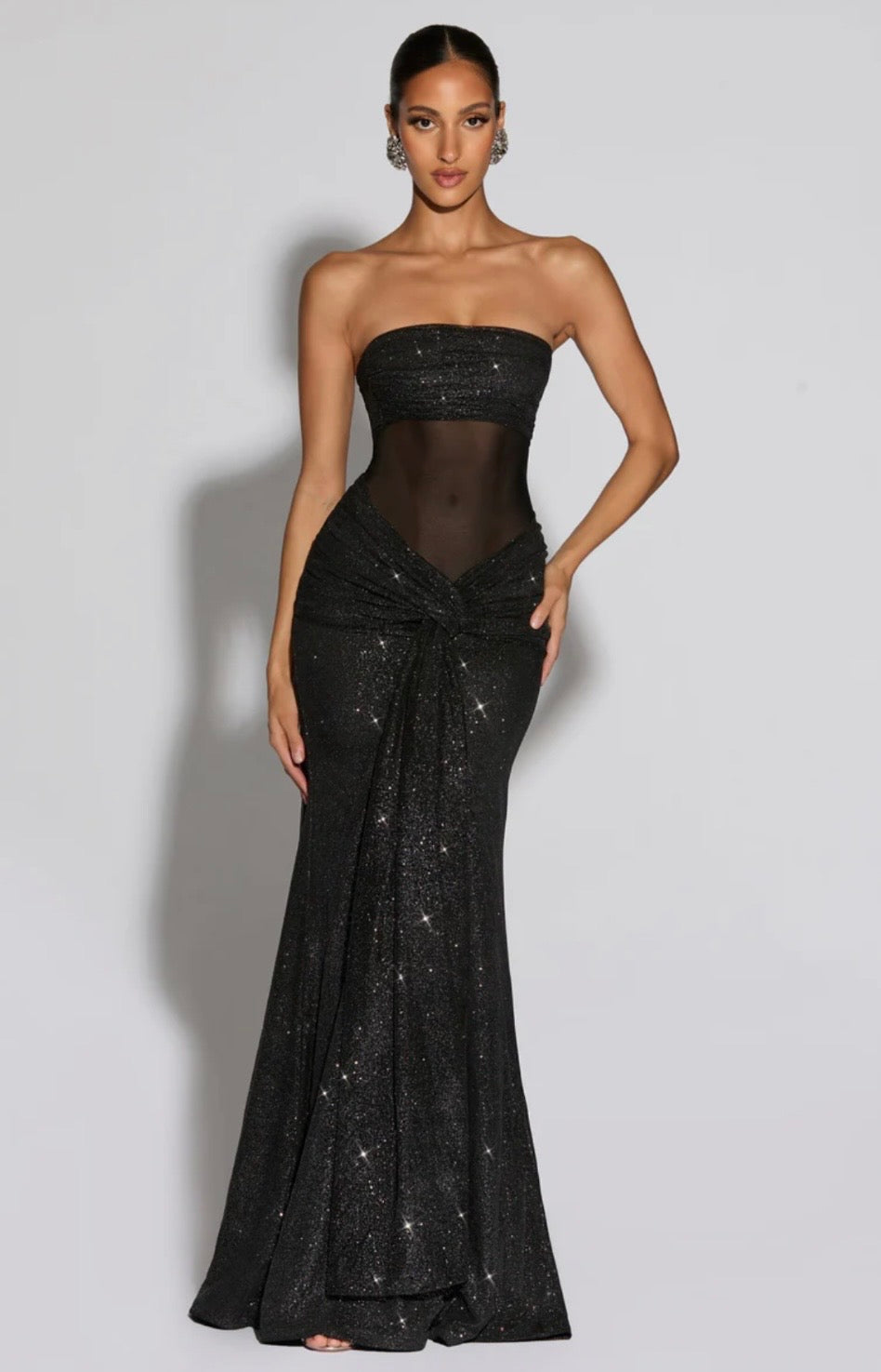 Women's Strapless Sequin Maxi Dress with Matching Neck Scarf Detail