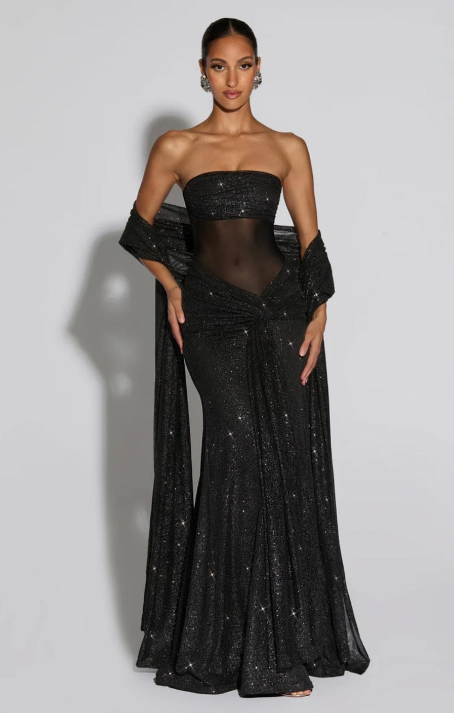 Women's Strapless Sequin Maxi Dress with Matching Neck Scarf Detail