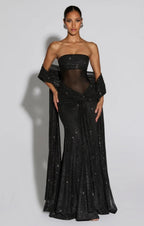 Women's Strapless Sequin Maxi Dress with Matching Neck Scarf Detail