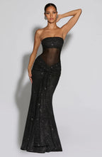 Women's Strapless Sequin Maxi Dress with Matching Neck Scarf Detail