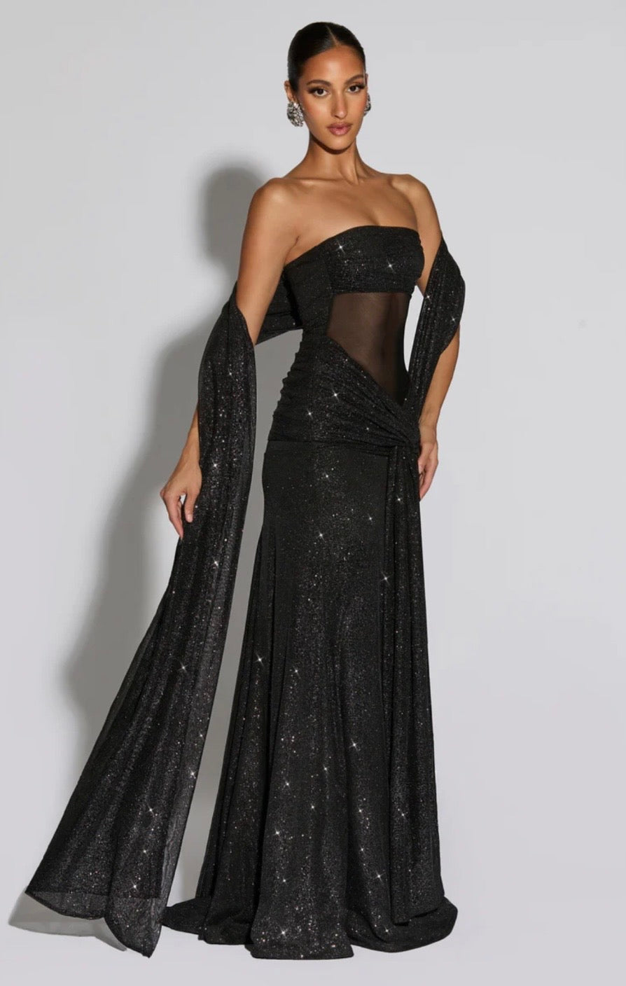Women's Strapless Sequin Maxi Dress with Matching Neck Scarf Detail
