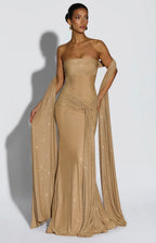 Women's Strapless Sequin Maxi Dress with Matching Neck Scarf Detail