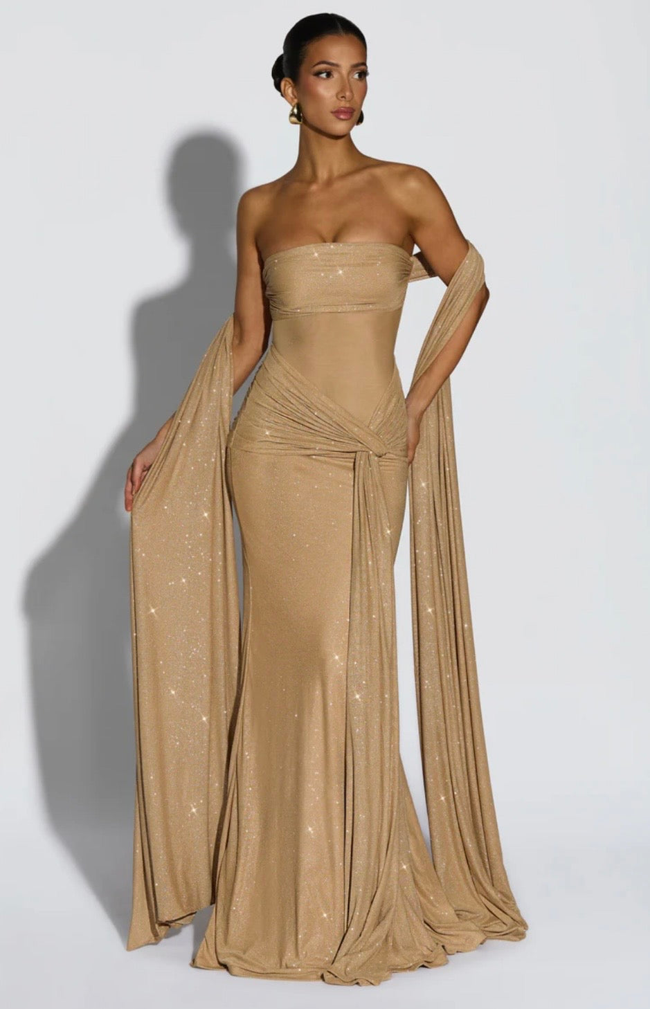 Women's Strapless Sequin Maxi Dress with Matching Neck Scarf Detail