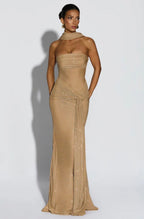 Women's Strapless Sequin Maxi Dress with Matching Neck Scarf Detail