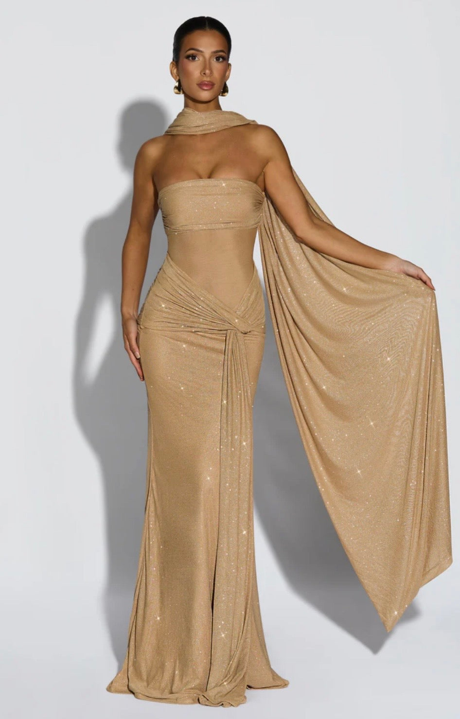 Women's Strapless Sequin Maxi Dress with Matching Neck Scarf Detail