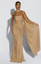 Women's Strapless Sequin Maxi Dress with Matching Neck Scarf Detail