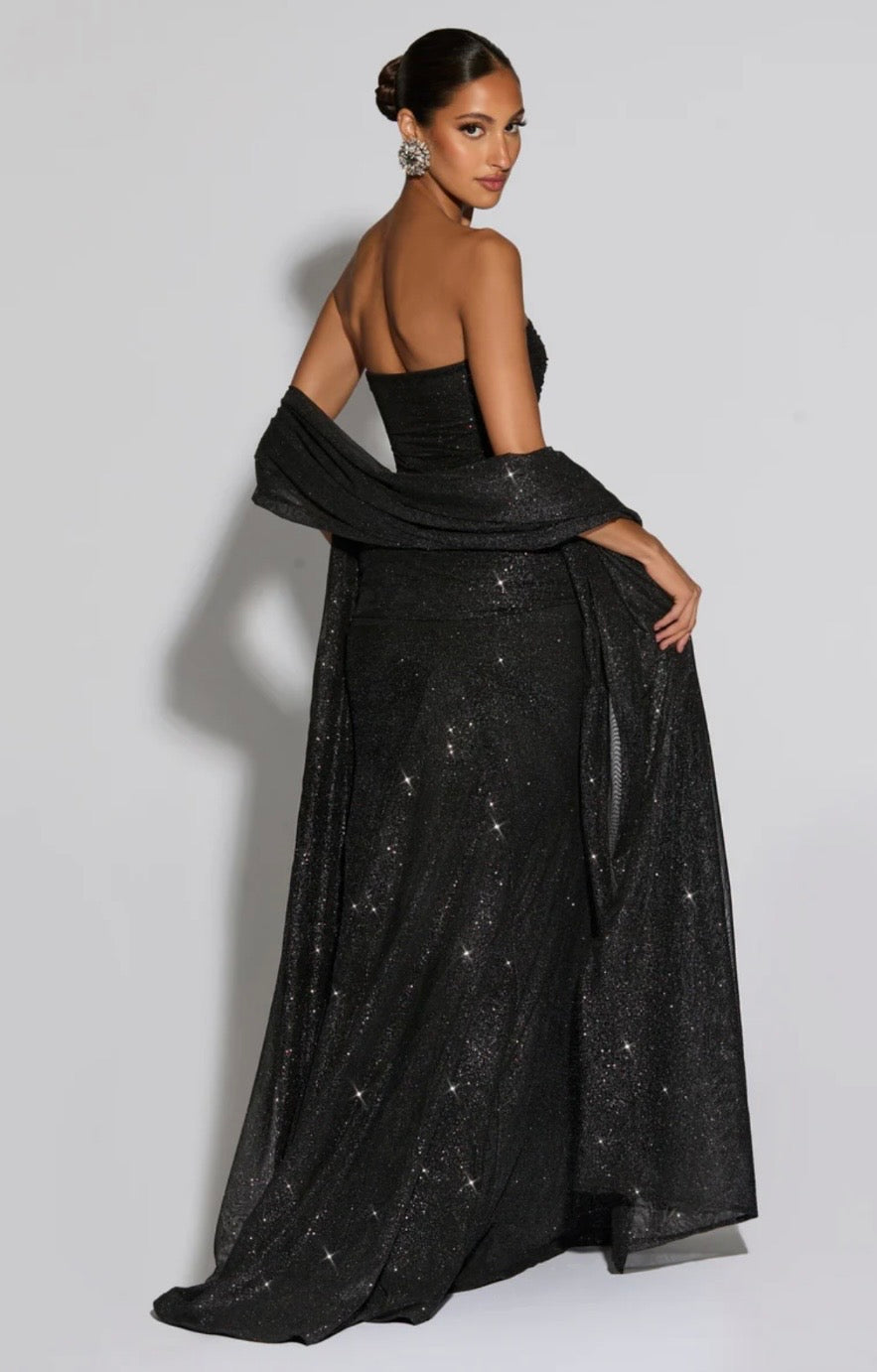 Women's Strapless Sequin Maxi Dress with Matching Neck Scarf Detail