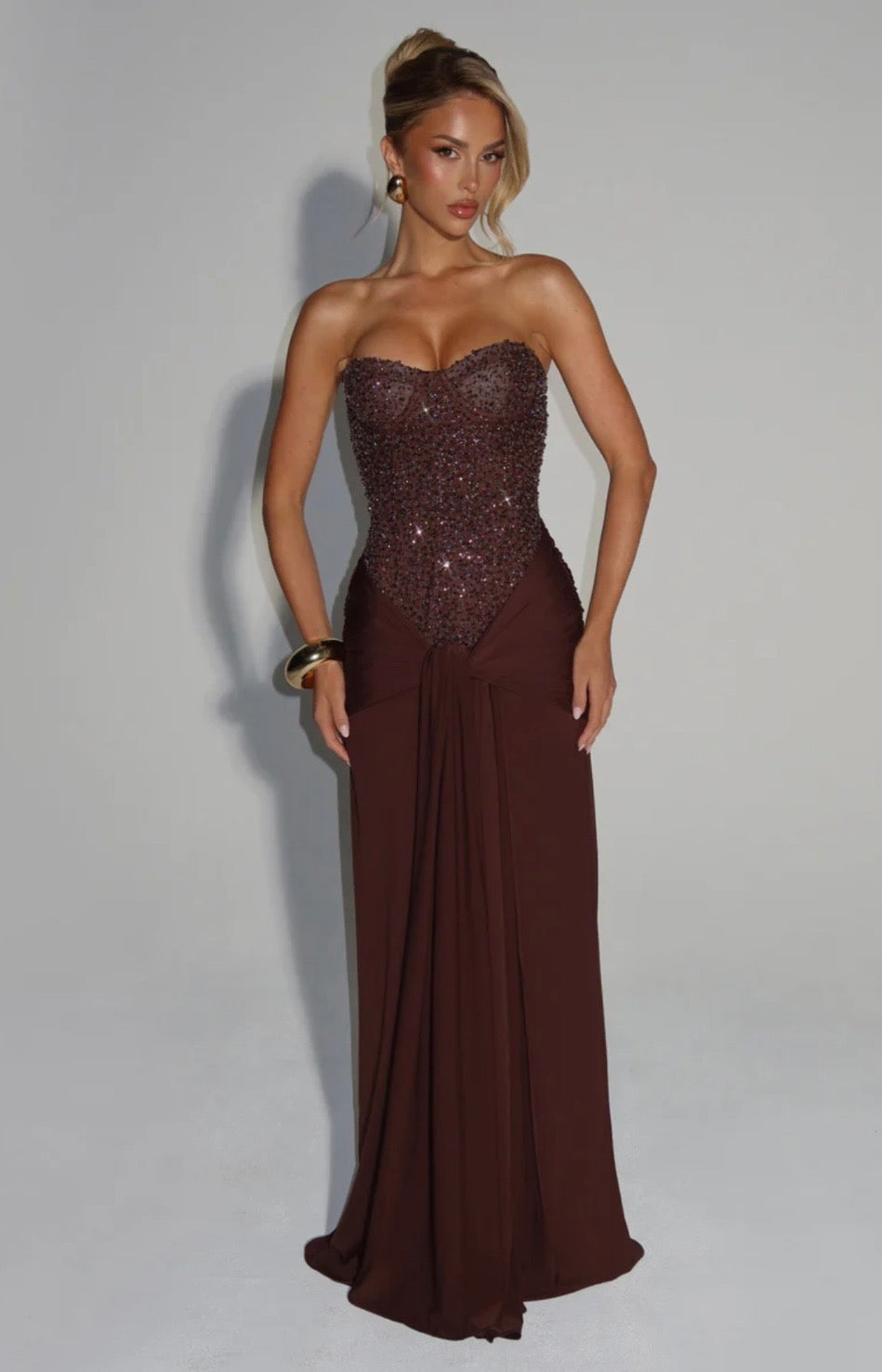 Women's Strapless Sequin Corset Maxi Dress with Sheer Skirt Detail
