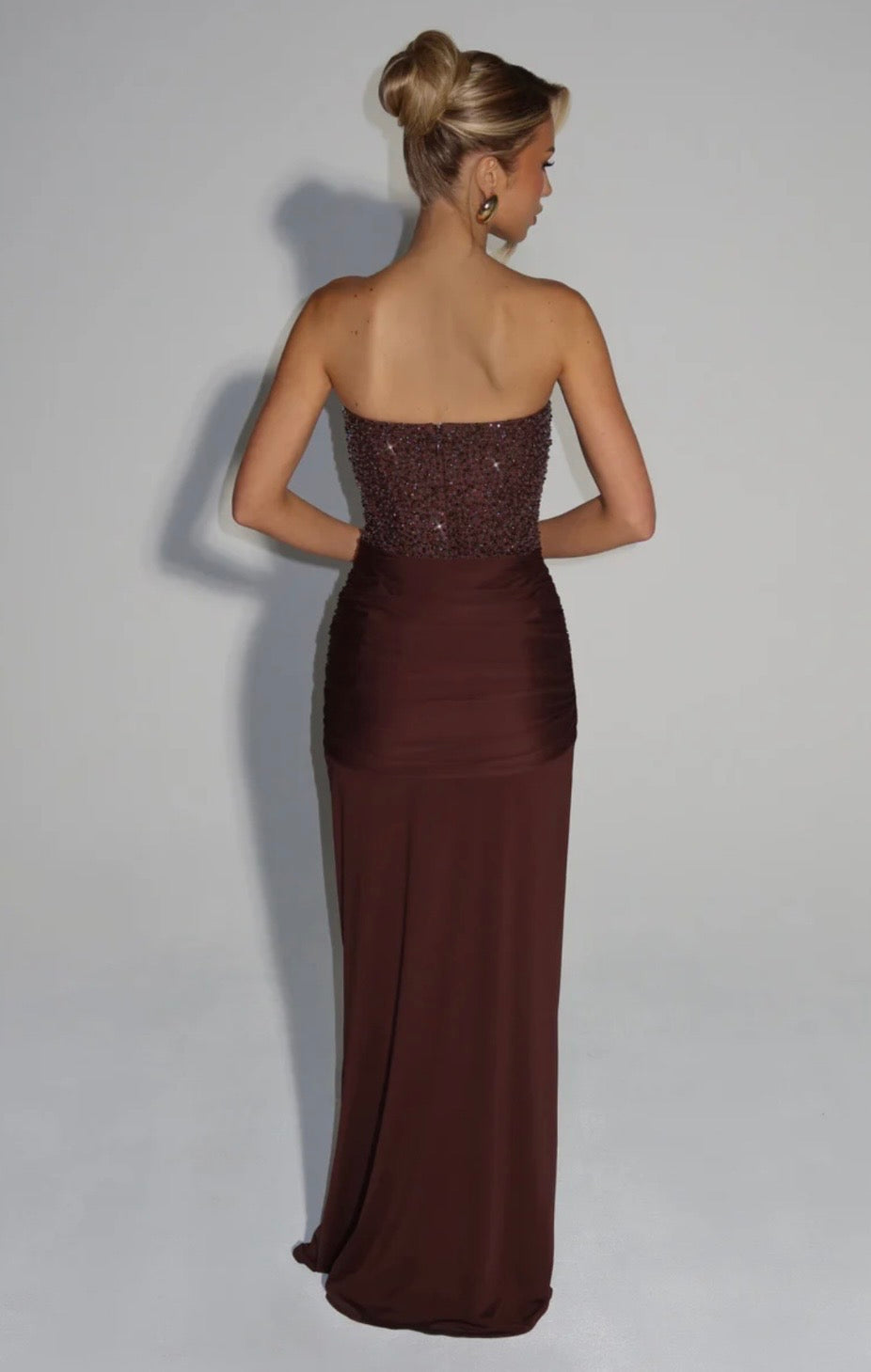 Women's Strapless Sequin Corset Maxi Dress with Sheer Skirt Detail