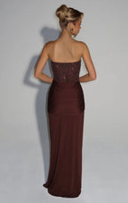 Women's Strapless Sequin Corset Maxi Dress with Sheer Skirt Detail