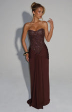 Women's Strapless Sequin Corset Maxi Dress with Sheer Skirt Detail