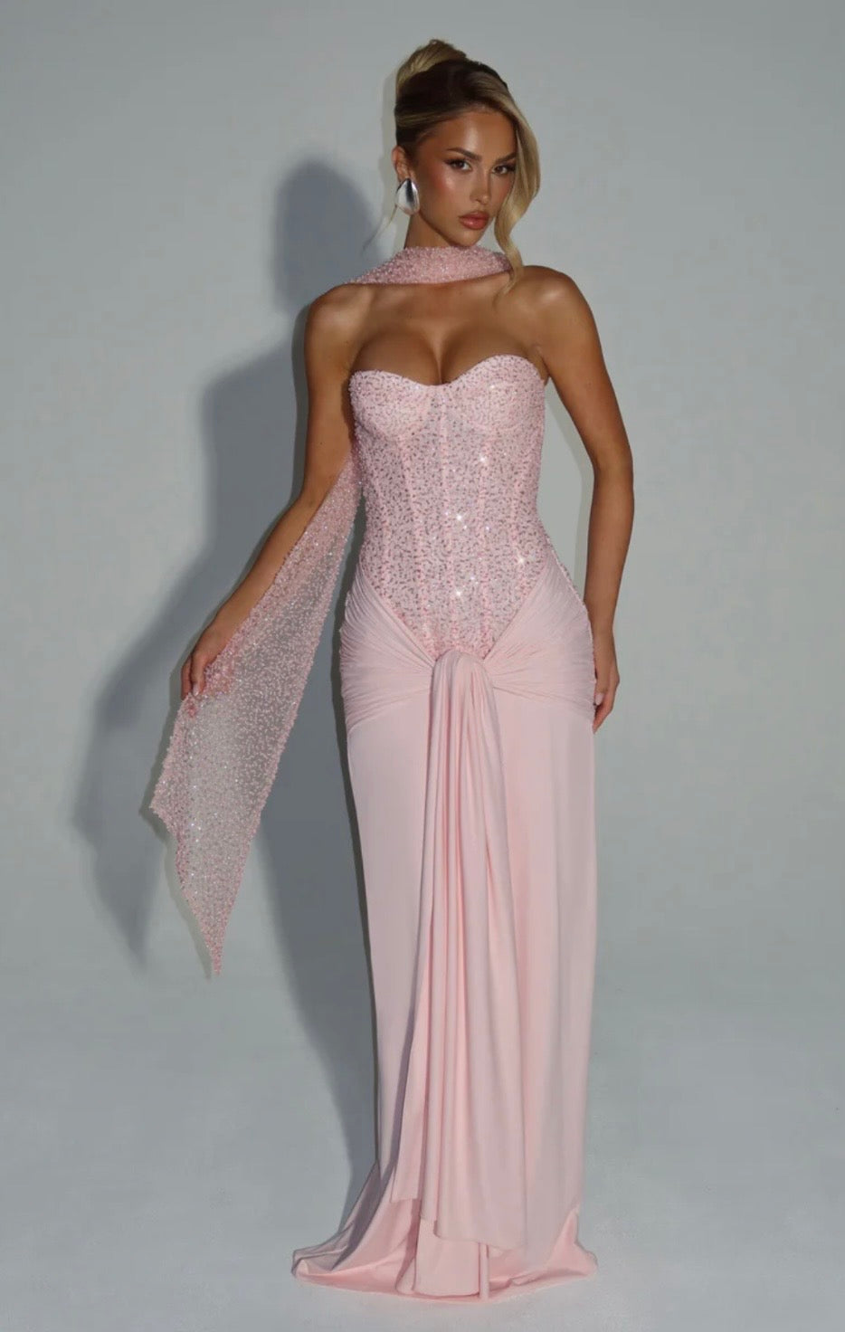 Women's Strapless Sequin Corset Maxi Dress with Sheer Skirt Detail