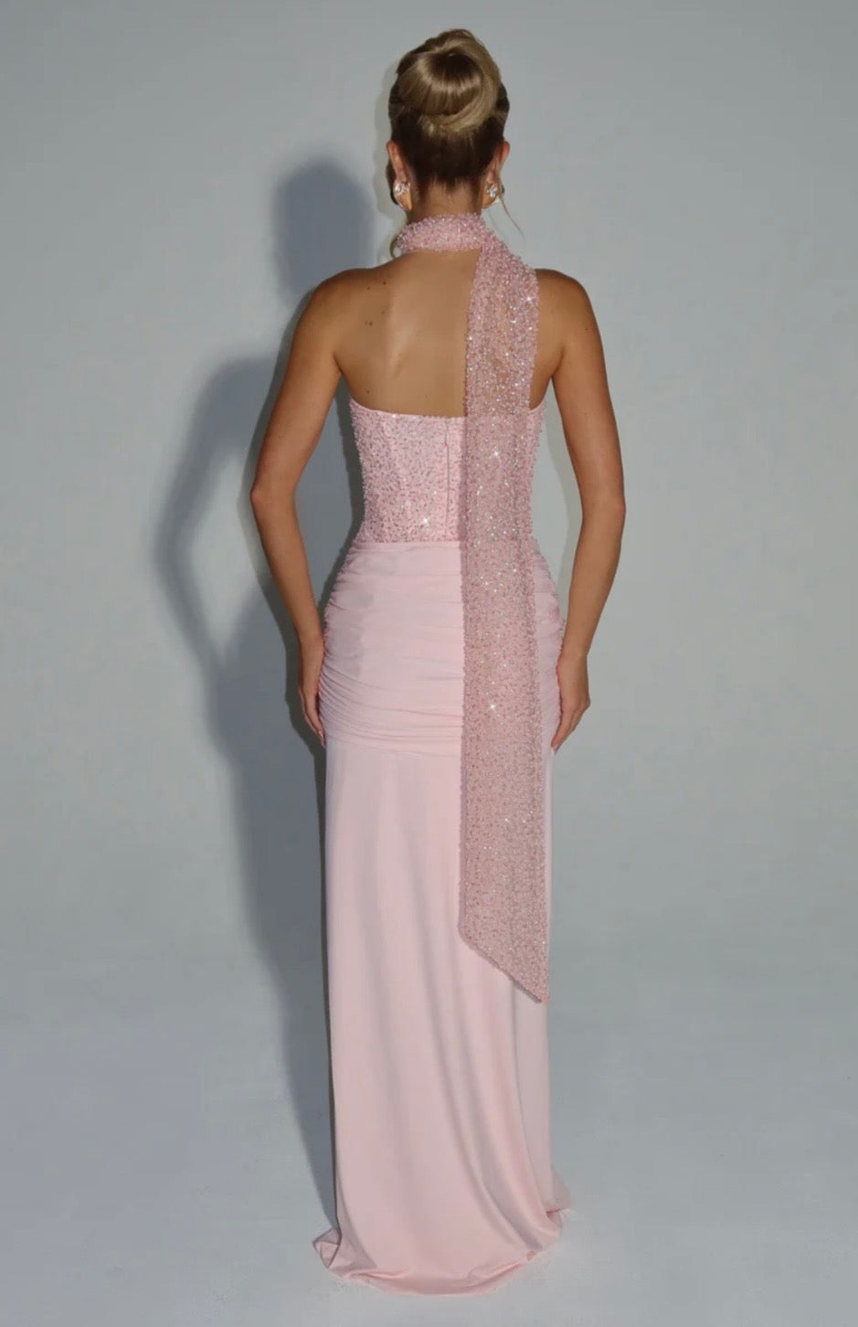Women's Strapless Sequin Corset Maxi Dress with Sheer Skirt Detail