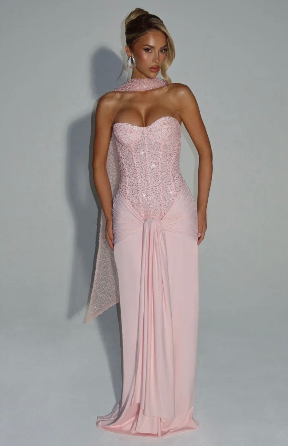Women's Strapless Sequin Corset Maxi Dress with Sheer Skirt Detail