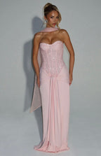 Women's Strapless Sequin Corset Maxi Dress with Sheer Skirt Detail