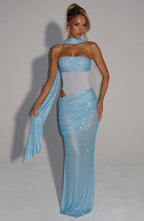 Women's Strapless Sequin Cutout Maxi Dress with Matching Scarf Detail