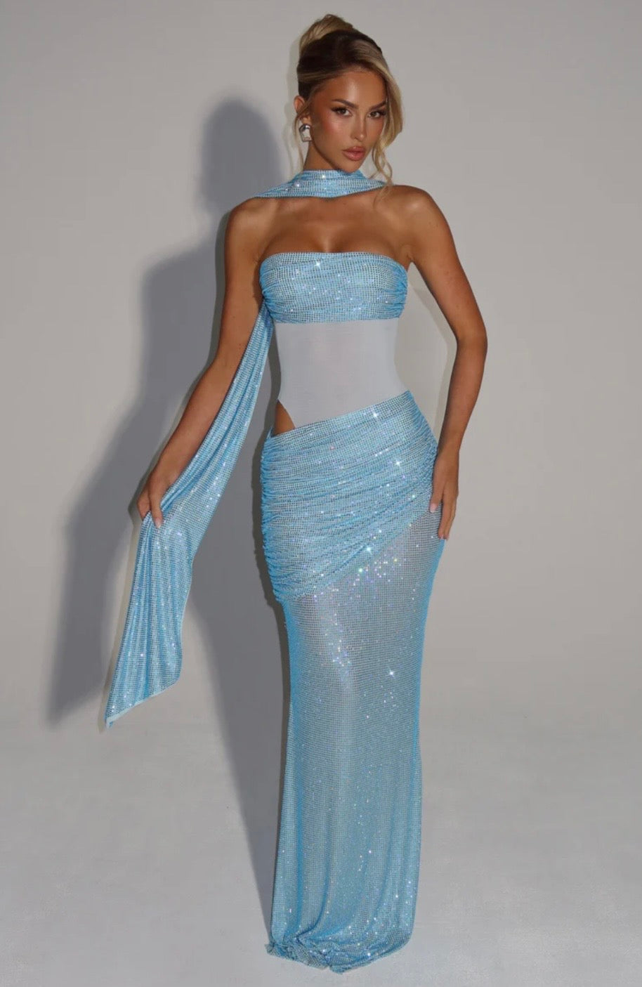 Women's Strapless Sequin Cutout Maxi Dress with Matching Scarf Detail