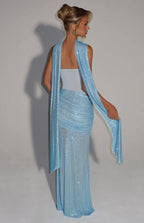 Women's Strapless Sequin Cutout Maxi Dress with Matching Scarf Detail