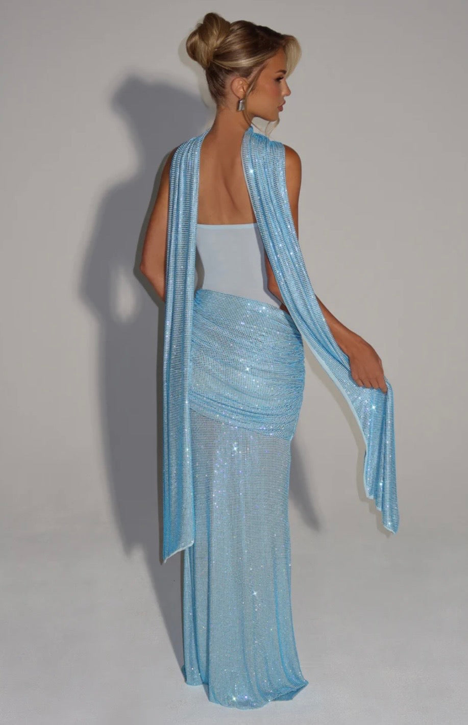 Women's Strapless Sequin Cutout Maxi Dress with Matching Scarf Detail