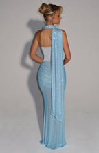 Women's Strapless Sequin Cutout Maxi Dress with Matching Scarf Detail