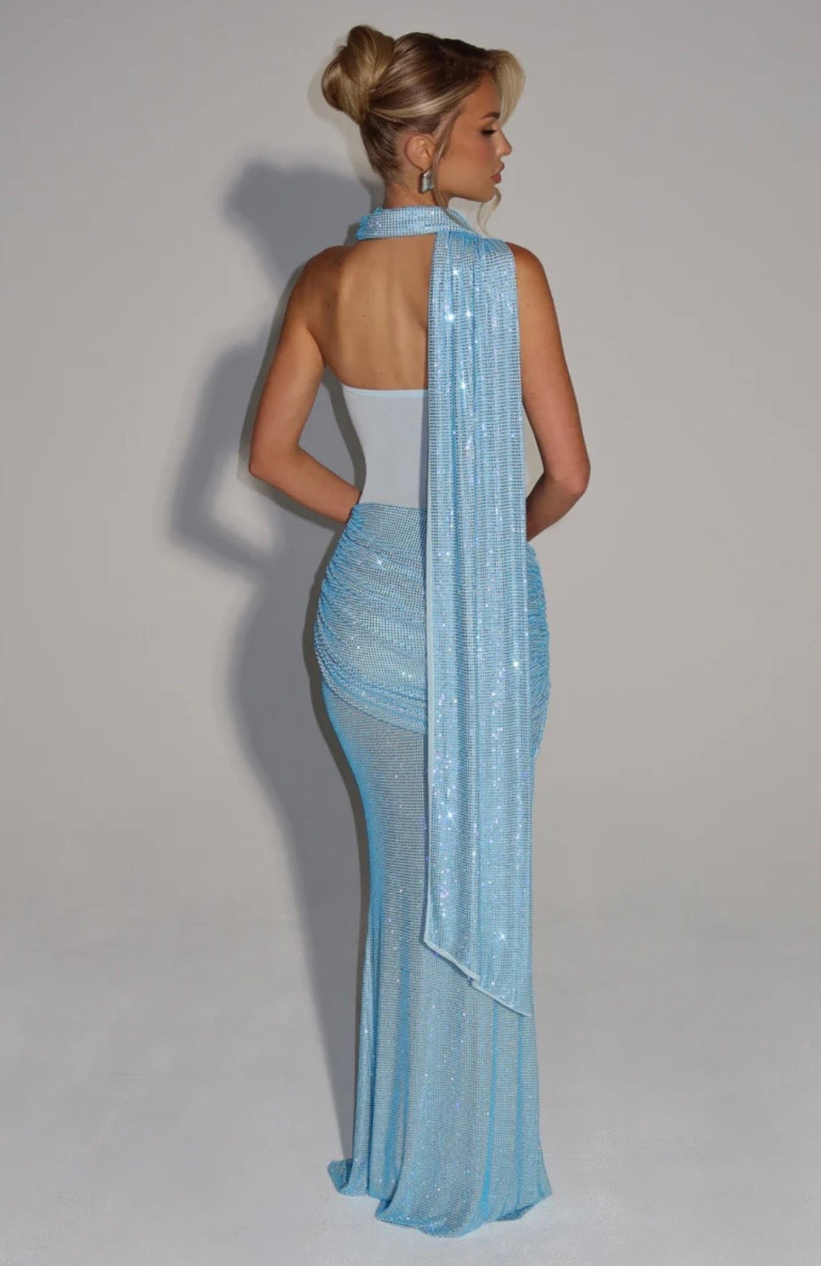 Women's Strapless Sequin Cutout Maxi Dress with Matching Scarf Detail