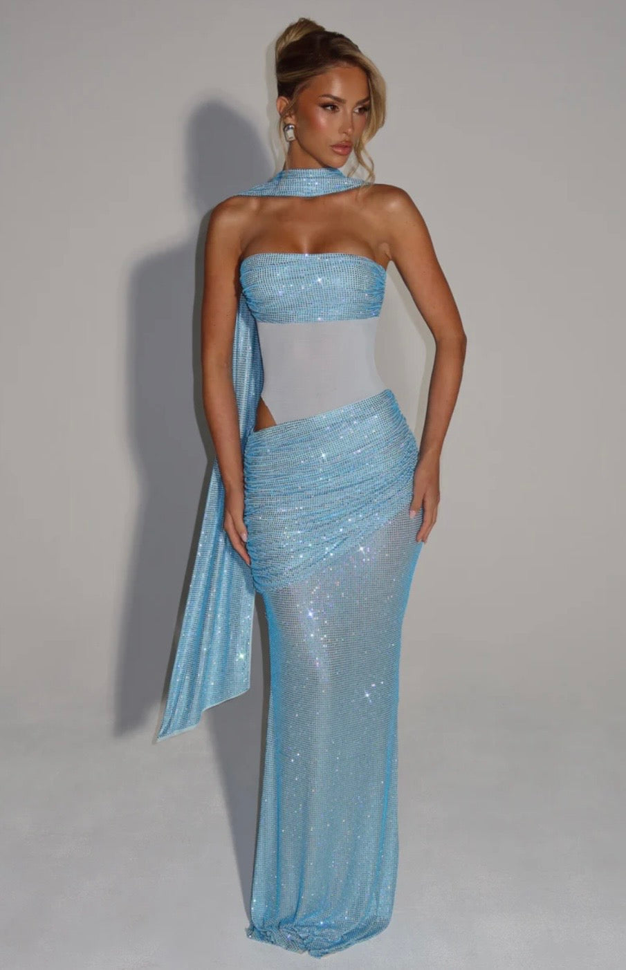 Women's Strapless Sequin Cutout Maxi Dress with Matching Scarf Detail