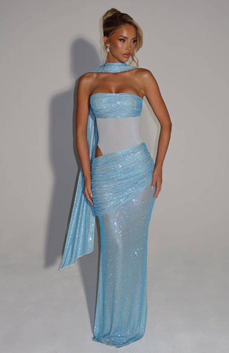 Women's Strapless Sequin Cutout Maxi Dress with Matching Scarf Detail
