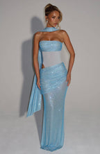 Women's Strapless Sequin Cutout Maxi Dress with Matching Scarf Detail