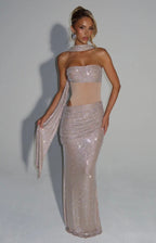 Women's Strapless Sequin Cutout Maxi Dress with Matching Scarf Detail